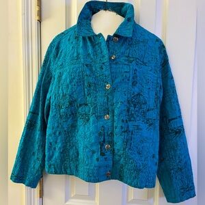Chico's Jacket Teal Blue & Black appliquéd Scenic Print Cotton 2 pockets GUC